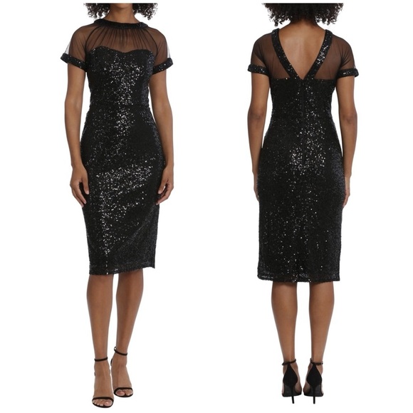 NWT Maggy London The Shimmer Illusion Dress Black Sequin Sparkle Mesh Sz 8 - Picture 1 of 13